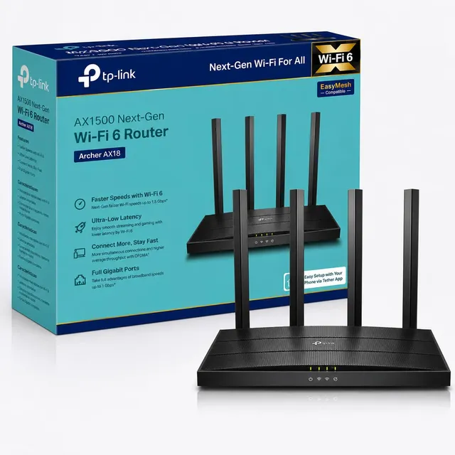 TP-Link Archer AX18 Routeur WiFi 6 AX1500 Mbps, 1.5 Gbit/s bi-Bande, 4 Ports Gigabit, 4 antennes à Haute Performance, WPA3, EasyMesh, VPN, Mode Point d’Accès, Compatible Toutes Box Internet