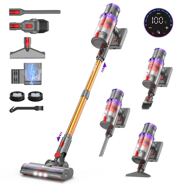coovy SU7 Aspirateur Balai sans Fil 580W/55Kpa/75Mins, Aspirateur Puissant, Détection Poussière, Écrans Tactiles LED, Brosse Anti-Emmêlement Vacuum Cleaner pour Sols Durs Tapis Voiture