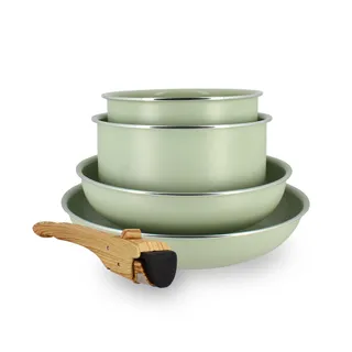 MENASTYL - Batterie de Cuisine Amovible Empilable - Tous Feux Dont Induction - Revêtement Céramique Antiadhésif sans PFAS - Gamme Colorama - Couleur Céladon - 2 Poêles + 2 Casseroles + 1 Poignée