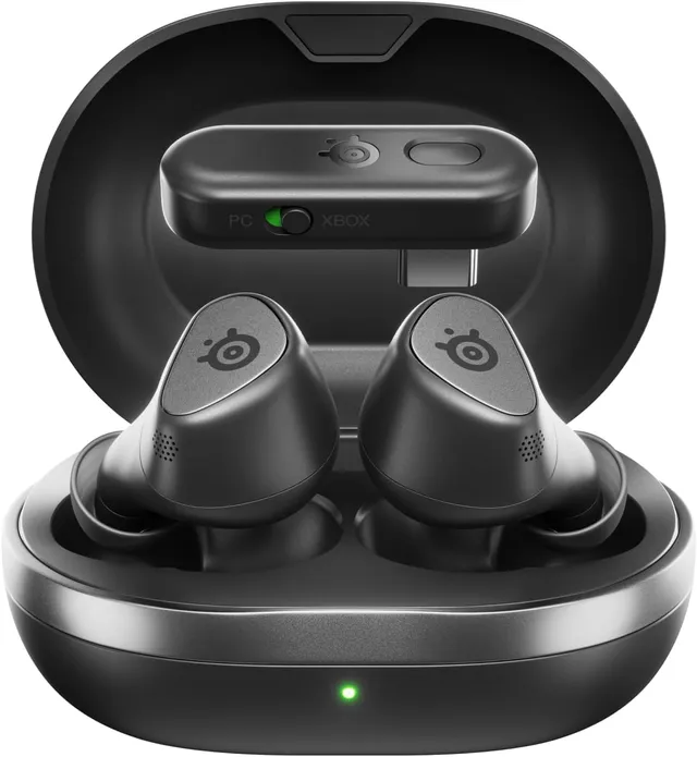 SteelSeries Arctis GameBud pour Xbox - Écouteurs gaming sans fil - 2,4GHz + BT 5.3 - ANC/Transparence - Résistance à l’eau IP55 - Batterie de 40 H - Recharge sans fil - Xbox, PS5, PC, Switch 2 -Noir