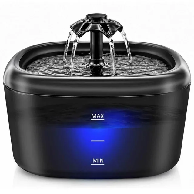 Fontaine à Eau pour Chats et Chiens, 2,2L Distributeur Automatique avec Indicateur LED, Pompe Ultra-Silencieuse, Système Triple Filtration, Abreuvoir sans BPA pour Animaux, Noir
