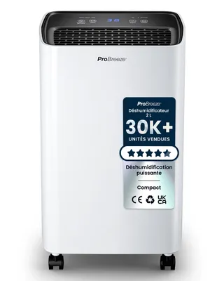 Pro Breeze Déshumidificateur d'Air Électrique 12L/jour avec Compresseur, Anti Moisissure Noire, Absorbeur d'Humidité Auto, Sèche-linge, Portable, Silencieux, Minuterie 24h, Pièces jusqu'à 20m²