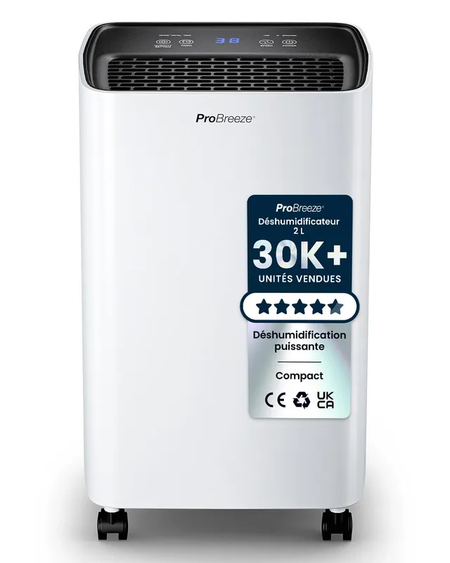 Pro Breeze Déshumidificateur d'Air Électrique 12L/jour avec Compresseur, Anti Moisissure Noire, Absorbeur d'Humidité Auto, Sèche-linge, Portable, Silencieux, Minuterie 24h, Pièces jusqu'à 20m²