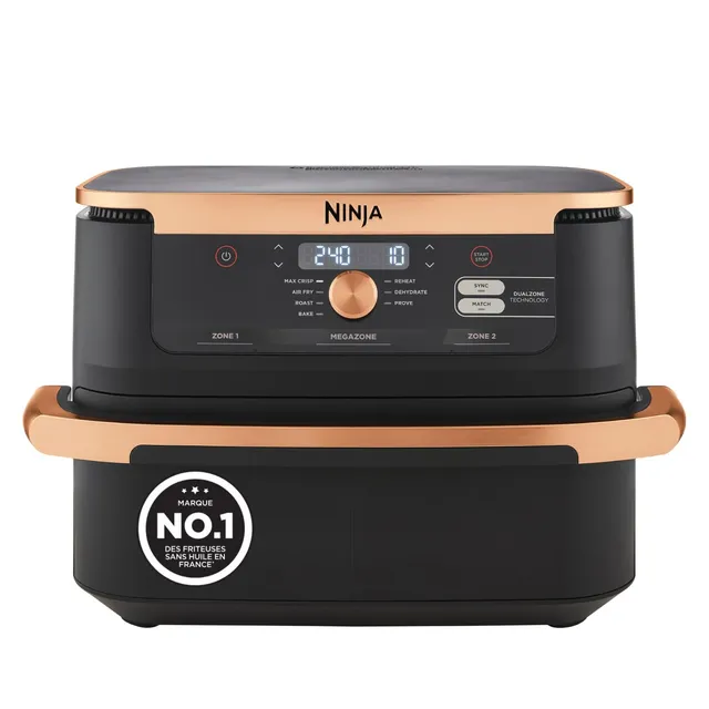 NINJA Foodi FlexDrawer Air Fryer, Dual Zone Avec Séparateur Amovible, Grand Tiroir de 10.4 L, 7-en-1, Double Zone, Pièces Antiadhésives Compatibles Au Lave-Vaisselle, Noir & Cuivre, AF500EUCP