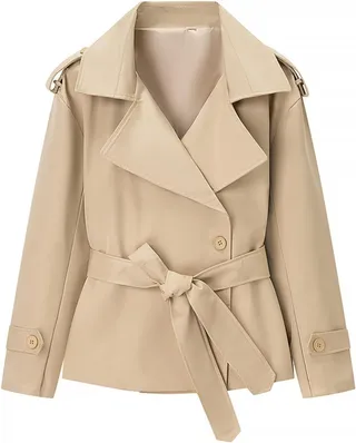 Trench Coat Femme Court Veste Courte À Double Boutonnage Blouson Femmes Avec Ceinture Jacket Thin Manteau Court Casual Veste Mi Saison Legere Coat Outwear Manteaux Et Blousons Décontracté Coupe-Vent