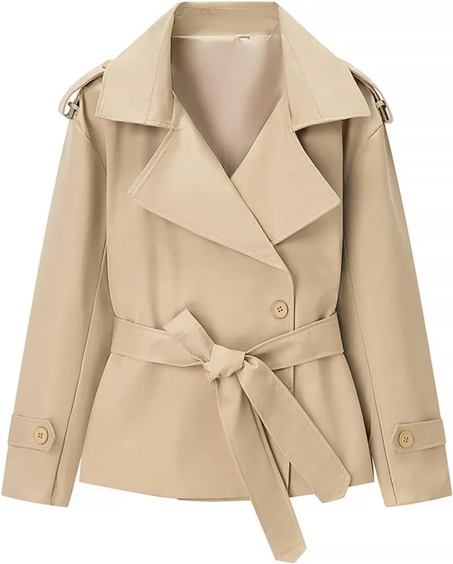 Trench Coat Femme Court Veste Courte À Double Boutonnage Blouson Femmes Avec Ceinture Jacket Thin Manteau Court Casual Veste Mi Saison Legere Coat Outwear Manteaux Et Blousons Décontracté Coupe-Vent