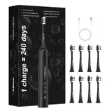 Autonomie de 240 jours Brosse à dents électrique pour Adultes,8 Têtes de Rechange,Batterie Rechargeable,3 Modes,Minuterie de 2,étanche IPX7,Cadeau pour la Famille,Noir