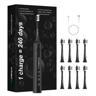 Autonomie de 240 jours Brosse à dents électrique pour Adultes,8 Têtes de Rechange,Batterie Rechargeable,3 Modes,Minuterie de 2,étanche IPX7,Cadeau pour la Famille,Noir