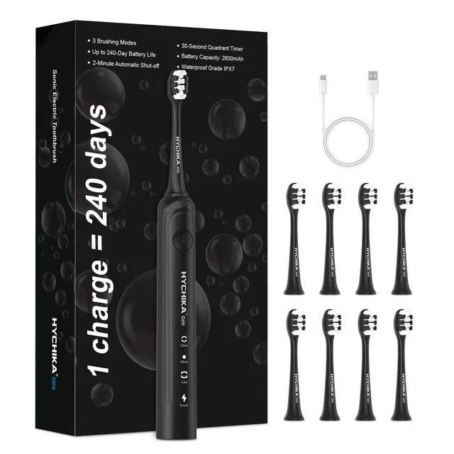 Autonomie de 240 jours Brosse à dents électrique pour Adultes,8 Têtes de Rechange,Batterie Rechargeable,3 Modes,Minuterie de 2,étanche IPX7,Cadeau pour la Famille,Noir