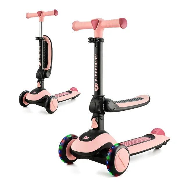 Kinderkraft Halley, Trottinette, Draisienne, Patinette, Scooter, Multifonctionnel, Moderne, Trois Roues, Réglable, LED Roues, Frein, 2 Ans jusqu'à 50 kg, Rose