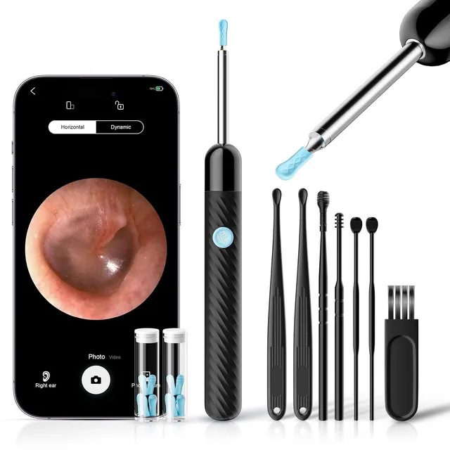Otoscope Oreille 1080P HD Camera Oreille Nettoyage avec 6 LED Lumières - Équipé de 7 Cure-Oreilles Traditionnels - Nettoyeur Oreille Compatible iOS & Android (Noir Brillant)