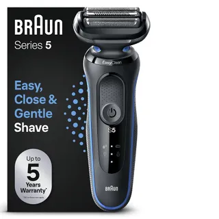 Braun Rasoir Electrique Homme Series 5 51-B1000s, Bleu, Etanche, A Grille Et Sans Fil, 3 Lames Flexibles Pour Bien Raser La Barbe Et Le Visage, Coffret De Rasage Avec Chargeur Intelligent