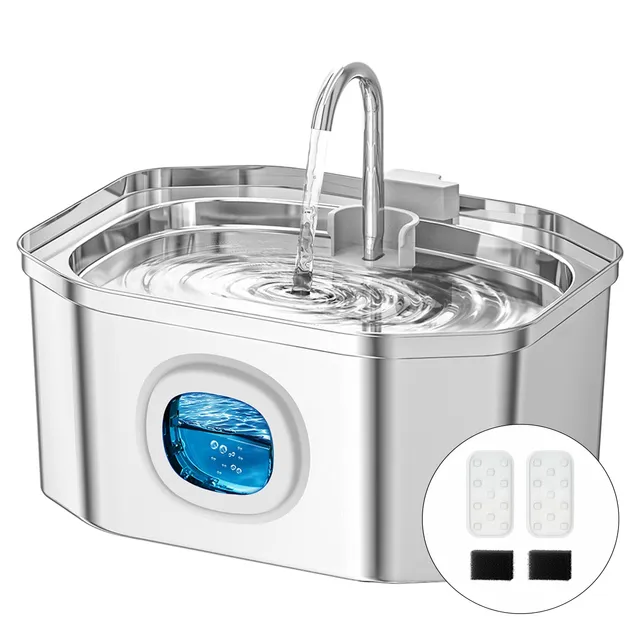 Fontaine a Eau Chat INOX, Apauk 3.2L Fontaine à Eau Chat,Fontaine Chats silencieuse,LED fenêtre, sont faciles à Nettoyer, Fontaine a Eau Petit Chien (Lot de 2 éponges et filtres)