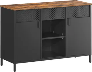 SONGMICS Meuble de Rangement, Buffet, Meuble en Métal, Placard à Double Portes, Fermeture Magnétique, Étagères Réglables, Cadre en Acier, Marron Rustique et Noir Mat LSC204B01