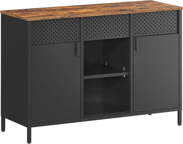 SONGMICS Meuble de Rangement, Buffet, Meuble en Métal, Placard à Double Portes, Fermeture Magnétique, Étagères Réglables, Cadre en Acier, Marron Rustique et Noir Mat LSC204B01