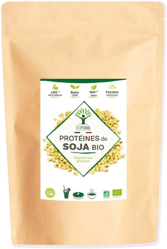 Protéine de Soja Bio - Bioptimal - 92% Protéines 17% BCAA - Haute Digestibilité - Energie Musculation - Poudre de Fève de Soja Biologique - 100% Pur - Conditionné en France - Certifié Ecocert - 3 kg