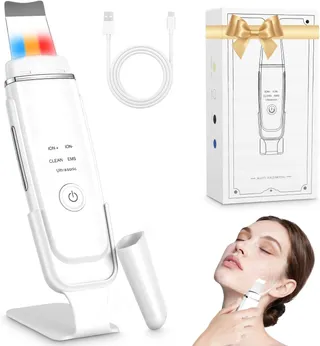 Skin Scrubber Nettoyeur de Pores Visage avec 4 Modes et Lumière Tricolore Extracteur de Points Noirs Ultrasonique Rechargeable avec Base Nettoyeur de Peau pour Appareil de Nettoyage du Visage