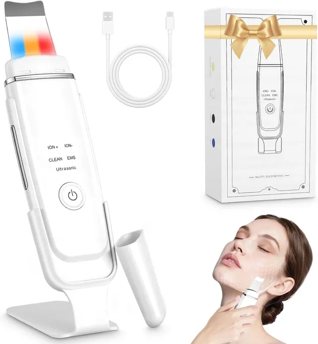 Skin Scrubber Nettoyeur de Pores Visage avec 4 Modes et Lumière Tricolore Extracteur de Points Noirs Ultrasonique Rechargeable avec Base Nettoyeur de Peau pour Appareil de Nettoyage du Visage