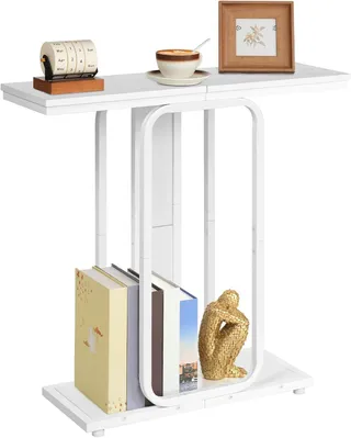 HOOBRO Table d’Entrée de Style Industriel avec Rangement, Présentoir à Structure Géométrique à 2 Niveaux, pour Entrée, Hall, Salon, Chambre, Salle à Manger, Couloir, Blanc EWW68XG01
