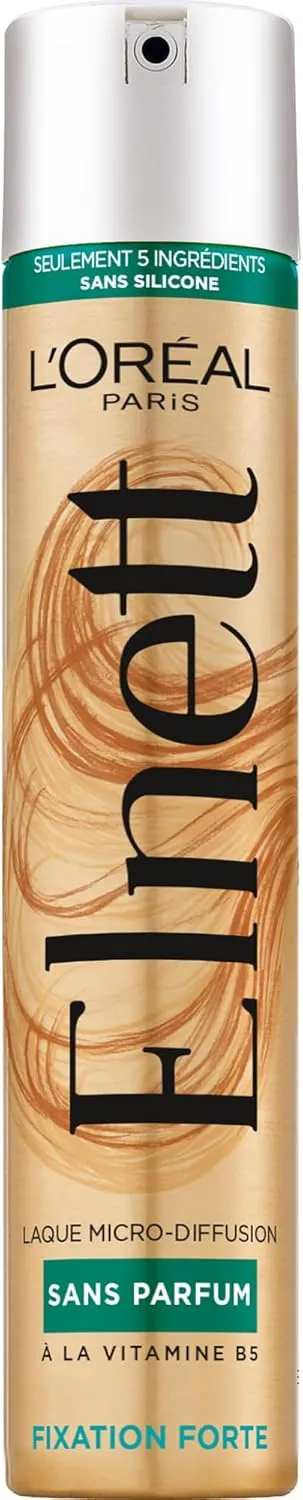 L'Oréal Paris - Laque Fixation Forte - Tenue Longue Durée 48H Indétectable - Nouvelle Formule Sans Parfum et Sans Silicone - Enrichi en Vitamine B5 - Elnett - 300 ml