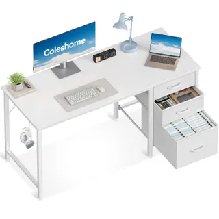 Coleshome Bureau avec 3 Tiroirs en Tissu, 120x48cm Bureaux Informatique avec Porte-Casque, Blanc Bureau D'ordinateur Réversible pour Petit Bureaux à Domicile