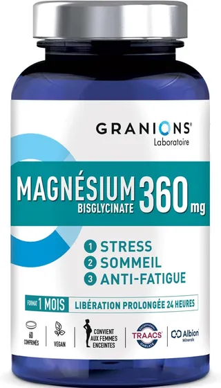 MAGNESIUM BISGLYCINATE 360 MG GRANIONS | Magnesium Fort Dosage + Vitamine B6 - Anti Stress Adulte - Magnesium Bisglycinate 360 MG - Stress Fatigue - Magnesium 60 Comprimés