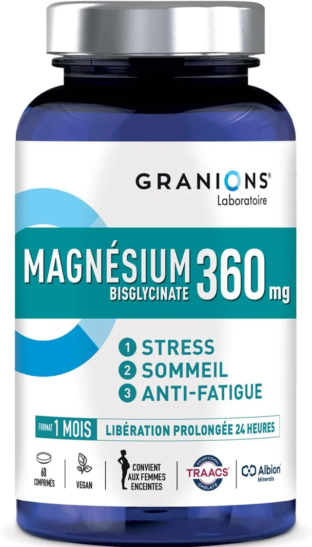 MAGNESIUM BISGLYCINATE 360 MG GRANIONS | Magnesium Fort Dosage + Vitamine B6 - Anti Stress Adulte - Magnesium Bisglycinate 360 MG - Stress Fatigue - Magnesium 60 Comprimés