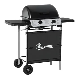 Outsunny Barbecue Gaz 2 Brûleurs en Acier Inoxydable 2,8 kW 2 Roues Noir