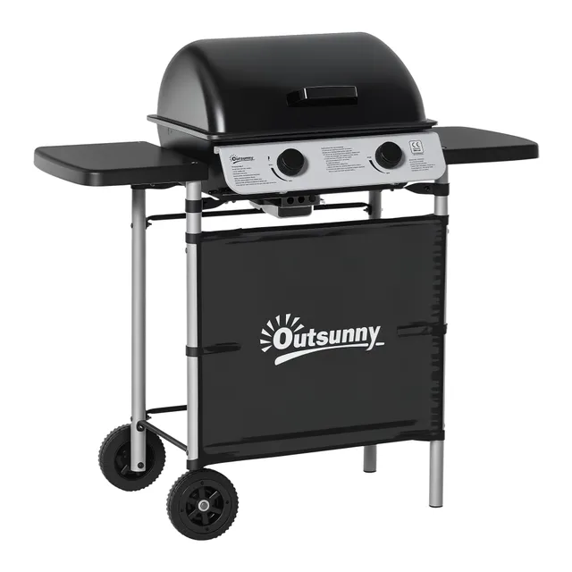 Outsunny Barbecue Gaz 2 Brûleurs en Acier Inoxydable 2,8 kW 2 Roues Noir