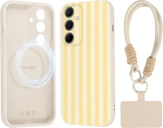 Coque Magnétique pour Samsung Galaxy A55 5G avec Cordon, Aesthetic Stripes Striped Rayée Motif Etui avec Dragonne [Compatible avec MagSafe], Jaune Silicone Housse pour Samsung A55 6,5'' - 01