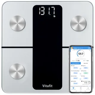 Vitafit Balance Pese Personne, Précision 0,05kg par Notre Usine Professionnelle Depuis 2001, Balance Connectée App avec 13 Données Corporelles (BMI/Graisse Corporelle/BMR), 182kg, LED, Argent