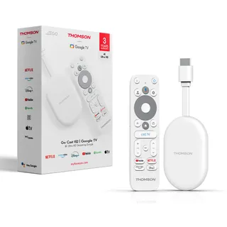 Thomson Go Cast 152 Dongle de Streaming, 4K UHD Google TV, Commande Vocale, Google Cast, Dolby Atmos, Dolby Digital+, HDR10, Portable, 2 Go RAM, 32 Go Stockage – Blanc