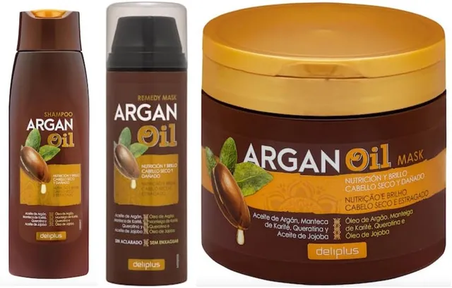 Pack 3 - Ligne Huile d'Argan - Shampooing 400 ml + Masque Pot 400 ml + Masque SANS Rinçage 150 ml - Pack 3. Deliplus