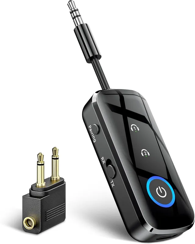 SONRU Emetteur Bluetooth Récepteur 5.3, 2 en 1 Adaptateur Bluetooth Avion Transmetteur 3,5 mm AUX Jack, Prend en Charge 2 for AirPods/Casques, Emetteur pour TV/PC/Voiture/Gym Sport/Avion