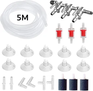 24 Pièces Accessoires de Pompe à Air pour Aquarium, 5 m Air Line Tube Tuyau, 10 Clips d'Aspiration, 3 Air Bubble Pierres, séparateur de pompe à air à 3 voies, 3 Valves de Contrôle et 6 Connecteurs