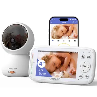 jeeber 1080P WiFi Babyphone Caméra Bébé, avec App, écran IPS 4", PTZ 360°