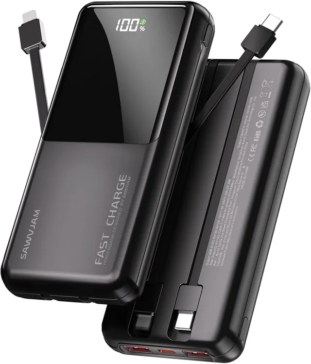 Power Bank Chargeur Portable 20 000 mAh 22,5 W avec câbles intégrés USB-C PD3.0 QC4.0 avec écran LCD pour iPhone 17 16 15 14 13 Android et Plus Encore