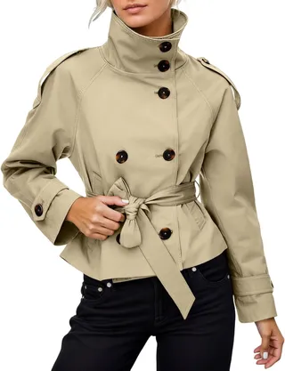 Generisch Trench court pour femme - Double boutonnage - Couleur unie - Col montant - Veste de transition avec ceinture - Manteau élégant pour le printemps