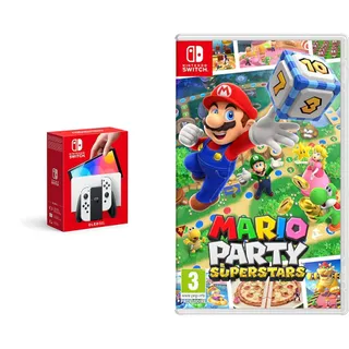 Console Nintendo Switch (Modèle OLED) avec Station d'Accueil/Manettes Joy-Con Blanches + Mario Party Superstars (Nintendo Switch)