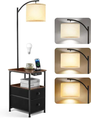 Wio-Mio Lampadaire avec Table et 2 tiroirs, Lampe de Chevet avec Station de Charge USB et Type C, lampadaire à 3 températures de Couleur avec Abat-Jour réglable, Lampe LED pour Salon et Chambre