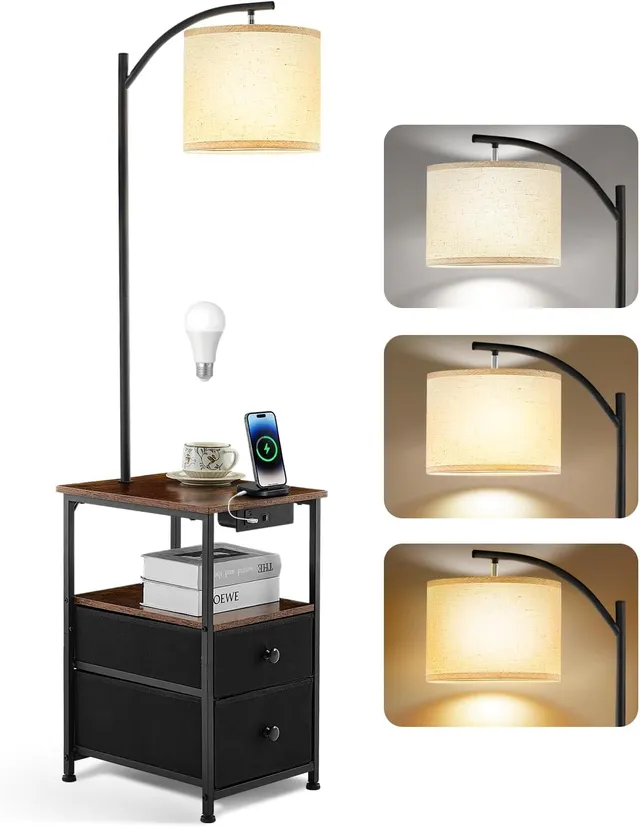 Wio-Mio Lampadaire avec Table et 2 tiroirs, Lampe de Chevet avec Station de Charge USB et Type C, lampadaire à 3 températures de Couleur avec Abat-Jour réglable, Lampe LED pour Salon et Chambre