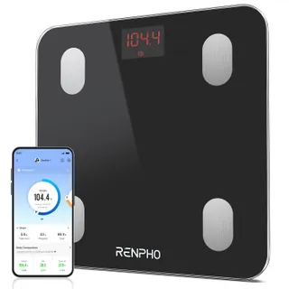 RENPHO Balance Pese Personne 180kg, Balance Connecté Bluetooth Pese Personnes Impédancemètre, 13 Analyses de la Composition Corporelle, à Synchroniser avec Une Application, Nero