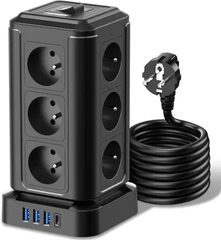 TOPREK Tour Multiprise avec 12 Prises AC Française et 4 USB, 2 Mètres Câble