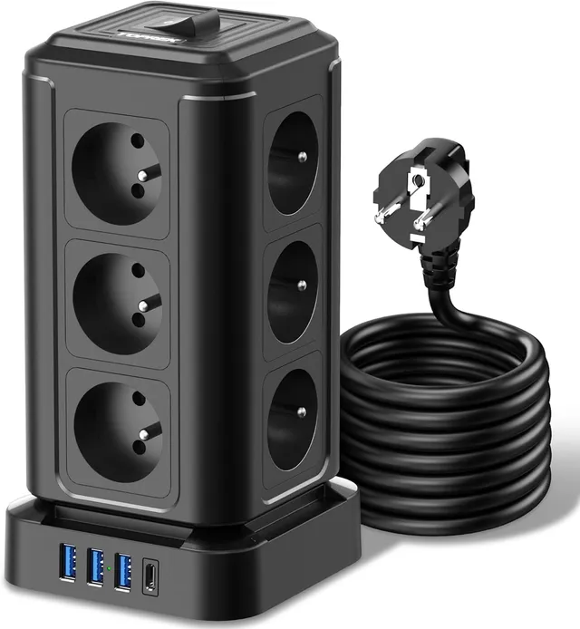 TOPREK Tour Multiprise avec 12 Prises AC Française et 4 USB, 2 Mètres Câble