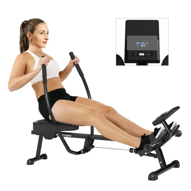 SPORTNOW Rameur hydraulique à résistance 12 Niveaux, Appareil de Musculation avec écran LCD et pédale antidérapante, capacité Max 130 kg, Cardio à Domicile, Noir