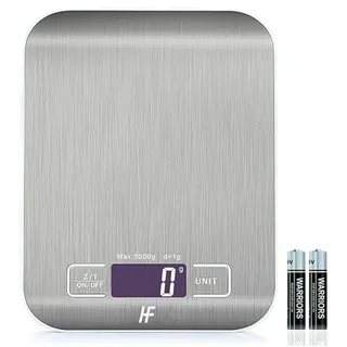 HomeFashion Balance de Cuisine Électronique de Haute Précision 5000g/1g avec Écran LCD Rétroéclairé, 6 Unités et Fonction Tare Acier Inoxydable, Piles incluses