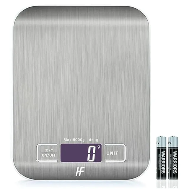 HomeFashion Balance de Cuisine Électronique de Haute Précision 5000g/1g avec Écran LCD Rétroéclairé, 6 Unités et Fonction Tare Acier Inoxydable, Piles incluses