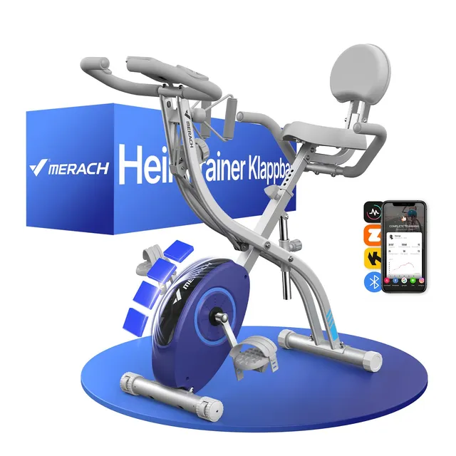 MERACH 4 en 1 Vélo D’Appartement Pliable avec App d’Entraînement, Velo d Appartement avec Résistance Magnétique 16 Niveaux, Écran LCD & Mesure du Pouls, Vélos de Fitness avec Siège Confortable