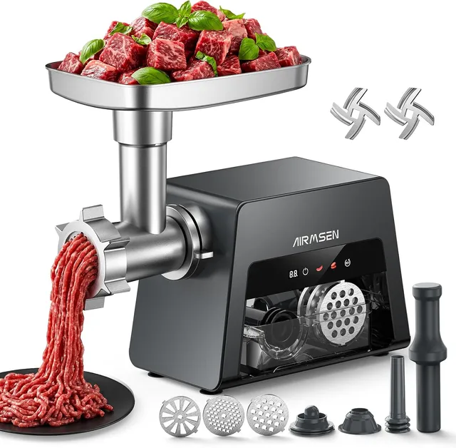 AIRMSEN Hachoir a Viande Electrique, 3-en-1, Aluminium Moulé Sous Pression, Pour Kebbés et Saucisses,2 Vitesses 2500 W Max, Moteur Silencieux, Idéal pour un Usage Domestique et Les Amateurs de Cuisine