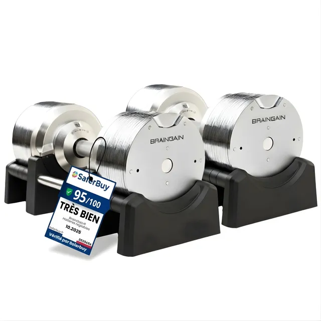 BRAINGAIN Haltères Réglables Set 23,5kg/32,5kg/41,5kg – Maintenant avec poignée Gen 4 de 34mm – Changez de poids en 1 sec – Équipement de gym maison gain de place – Plusieurs poids en un – Chrome/Noir